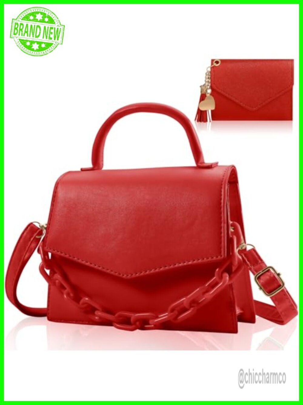 Small Crossbody Bag Top Handle Satchel PU Leather with Detachable Acrylic Chain